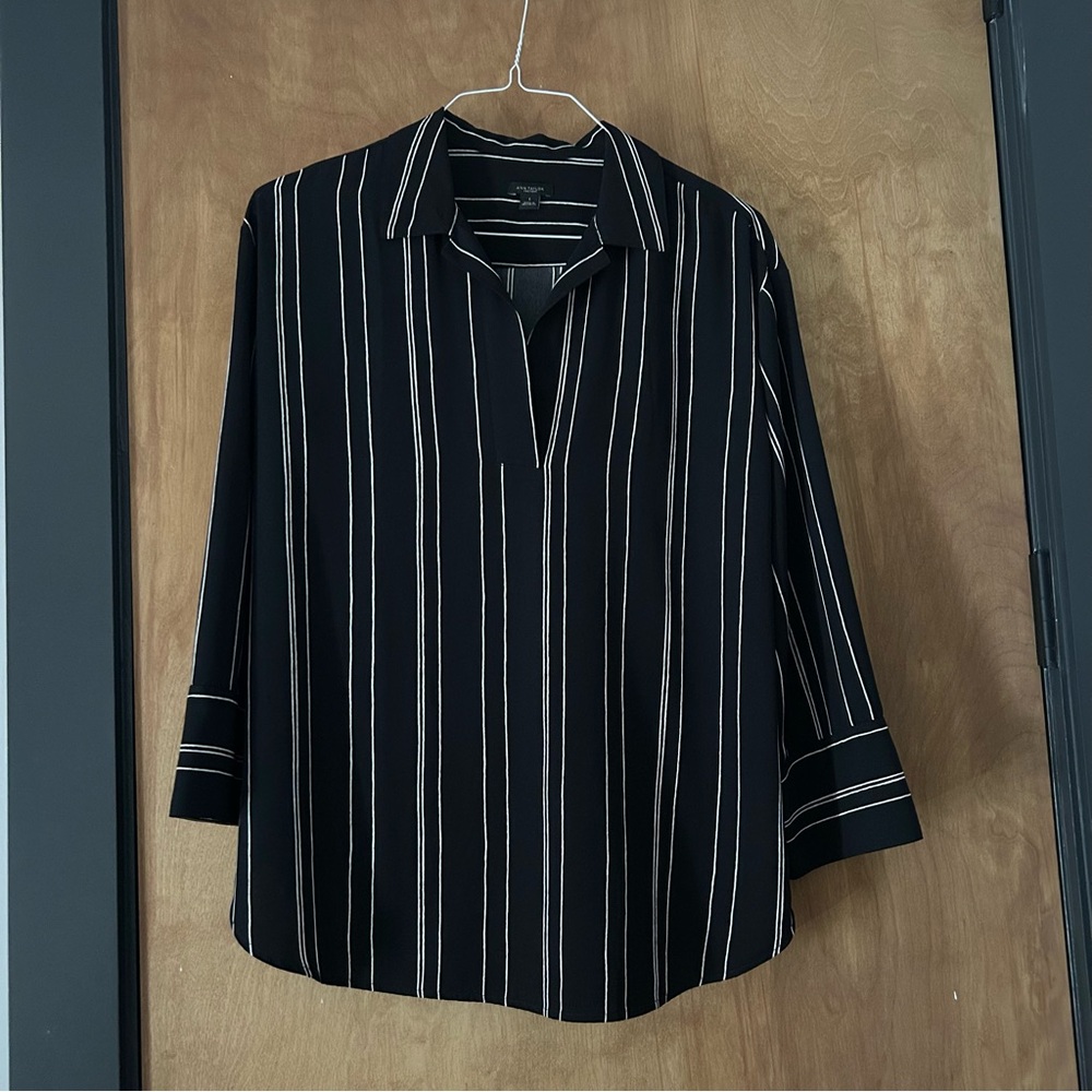 Ann Taylor Black Blouse with White Stripes